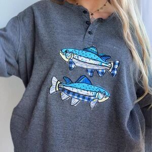 Upcycled vintage patchwork fish embroidered gray waffle knit henley sweater
